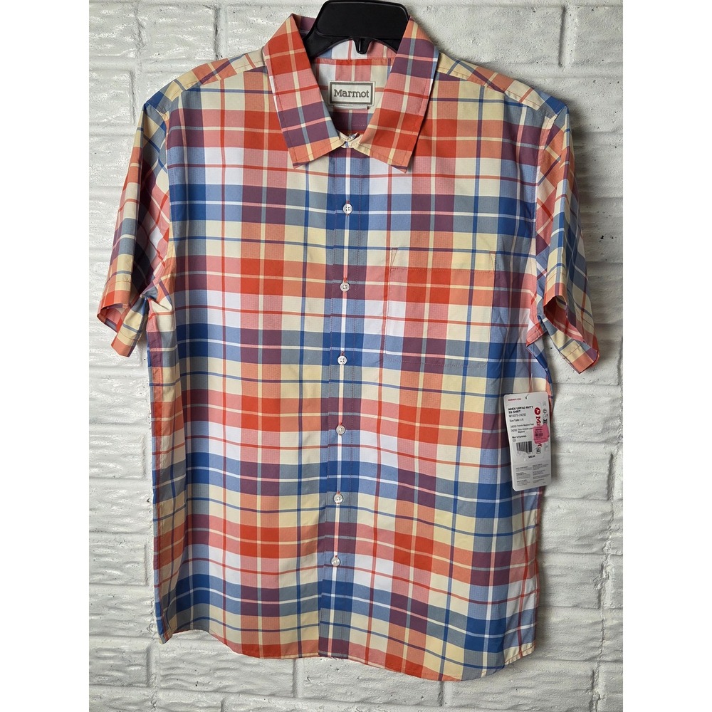 Marmot Mens Large Arex UPF40 Camp Nvty SS Pomelo Wayland Plaid Button Shirt NWT